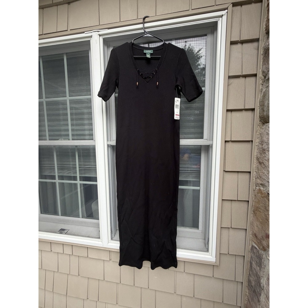 Lauren Ralph Lauren Black Ribbed short sleeve Maxi Dress Small New w/ tags